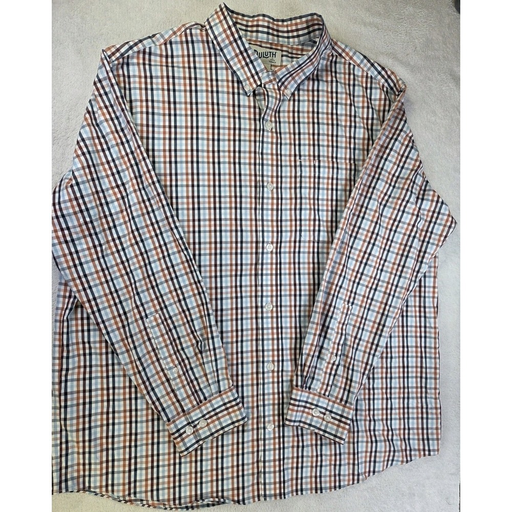 Duluth Trading Co Mens XL Relaxed Fit Plaid Button Down Shirt Blue Orange Cotton
